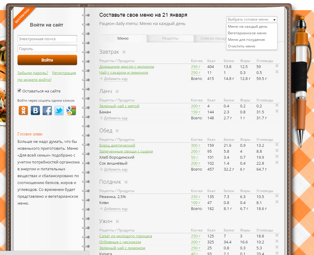 Сервис планирования питания Daily-menu.ru дает возможность ведения пищевого дневника с отслеживанием пищевой ценности рациона
